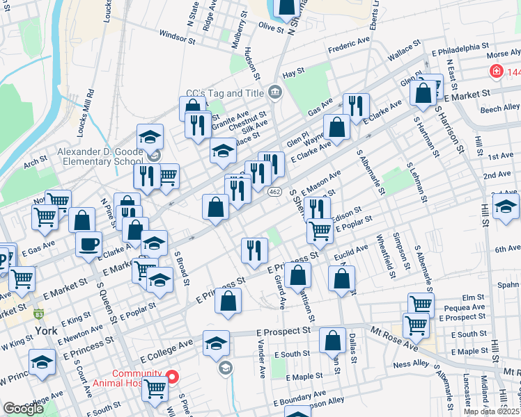 map of restaurants, bars, coffee shops, grocery stores, and more near 651 East Market Street in York