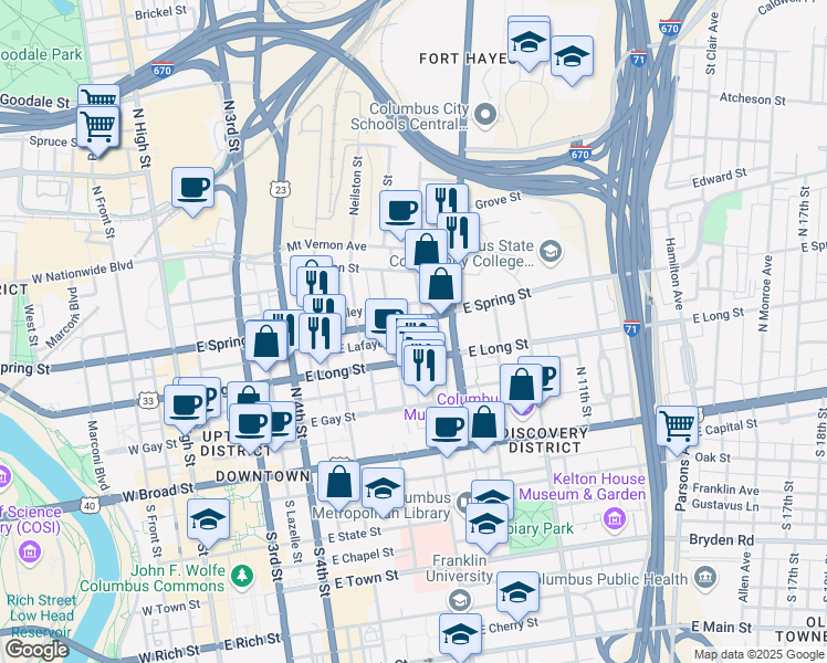 map of restaurants, bars, coffee shops, grocery stores, and more near 192n North Grant Avenue in Columbus