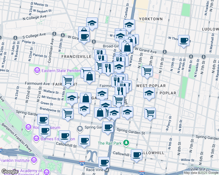 map of restaurants, bars, coffee shops, grocery stores, and more near 1438 Fairmount Avenue in Philadelphia
