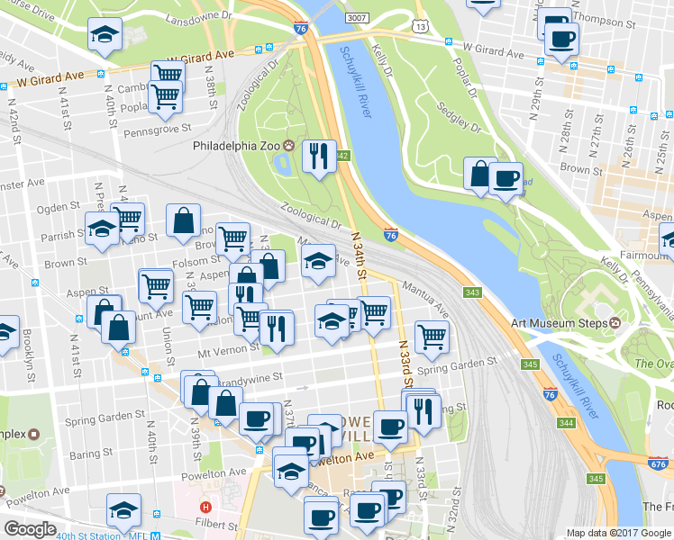 map of restaurants, bars, coffee shops, grocery stores, and more near 721 North 35th Street in Philadelphia