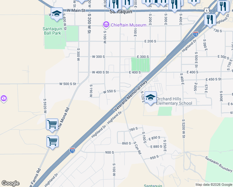 map of restaurants, bars, coffee shops, grocery stores, and more near 566 South Center Street in Santaquin