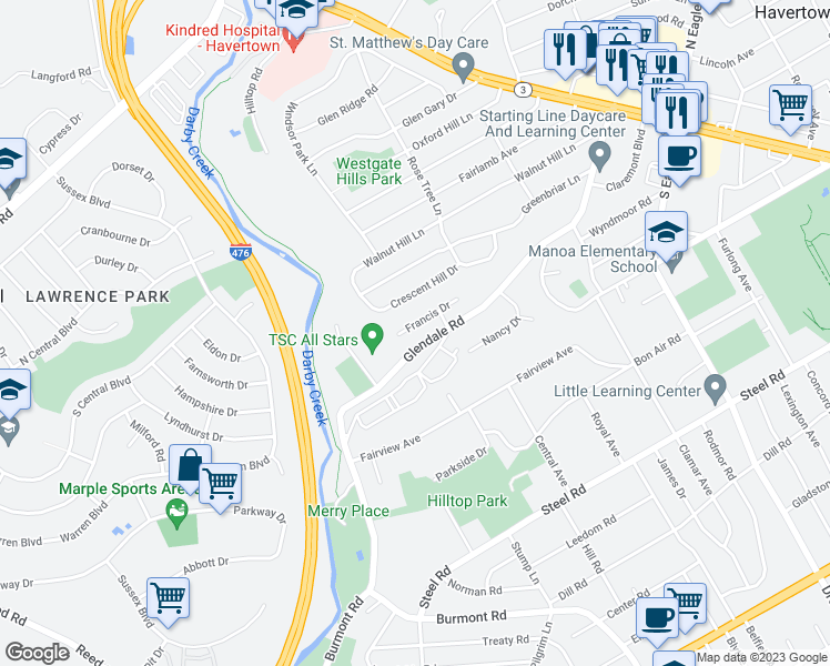 map of restaurants, bars, coffee shops, grocery stores, and more near 327 Francis Drive in Havertown