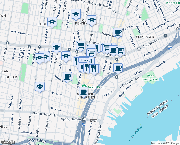 map of restaurants, bars, coffee shops, grocery stores, and more near 1050 North Hancock Street in Philadelphia