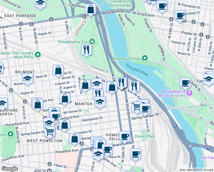 map of restaurants, bars, coffee shops, grocery stores, and more near 721 North 35th Street in Philadelphia