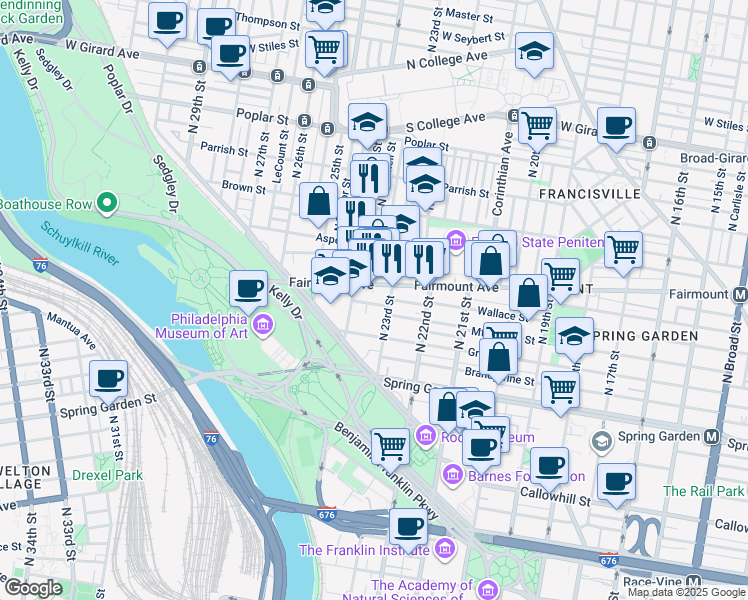 map of restaurants, bars, coffee shops, grocery stores, and more near 2343 Wallace Street in Philadelphia