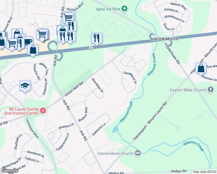 map of restaurants, bars, coffee shops, grocery stores, and more near 22 Teddington Way in Mount Laurel