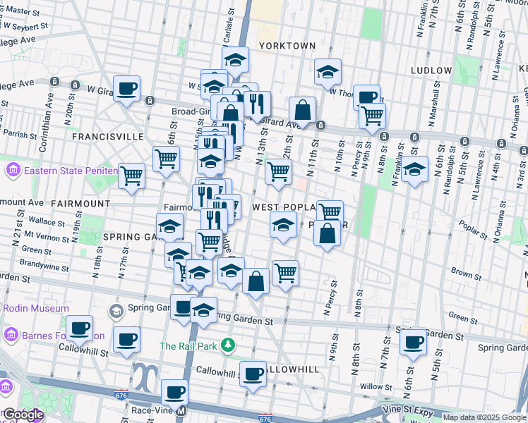 map of restaurants, bars, coffee shops, grocery stores, and more near 922 South 15th Street in Philadelphia