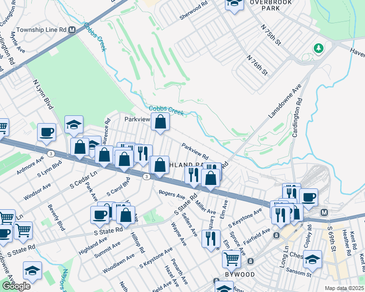 map of restaurants, bars, coffee shops, grocery stores, and more near 121 Englewood Road in Upper Darby