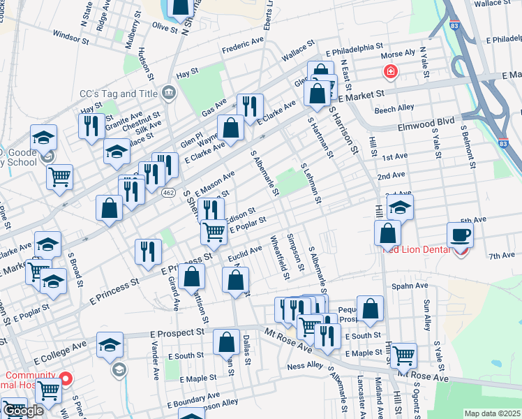 map of restaurants, bars, coffee shops, grocery stores, and more near 946 Edison Street in York
