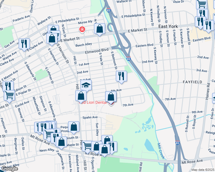 map of restaurants, bars, coffee shops, grocery stores, and more near 301 South Yale Street in York