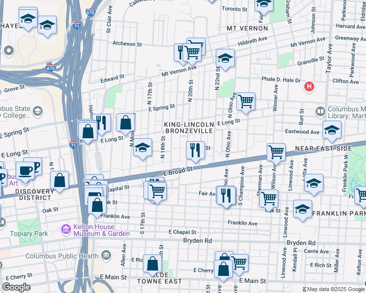 map of restaurants, bars, coffee shops, grocery stores, and more near 69 North 20th Street in Columbus