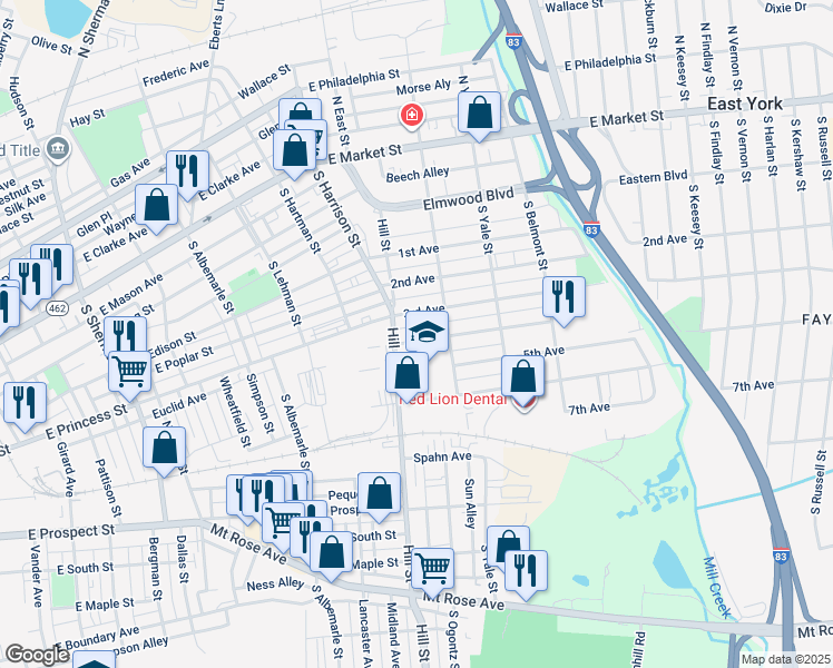 map of restaurants, bars, coffee shops, grocery stores, and more near 1417 4th Avenue in York
