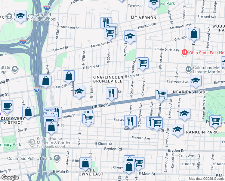 map of restaurants, bars, coffee shops, grocery stores, and more near 94 North 21st Street in Columbus
