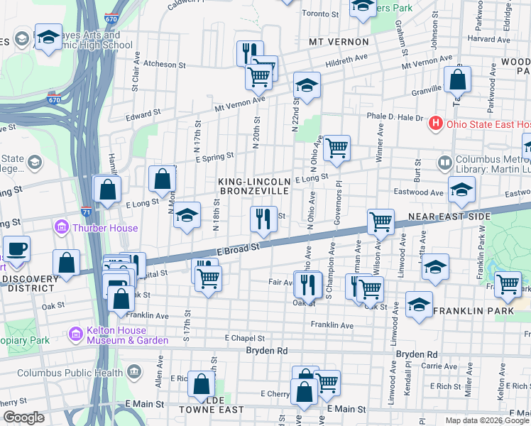 map of restaurants, bars, coffee shops, grocery stores, and more near 61 North 21st Street in Columbus
