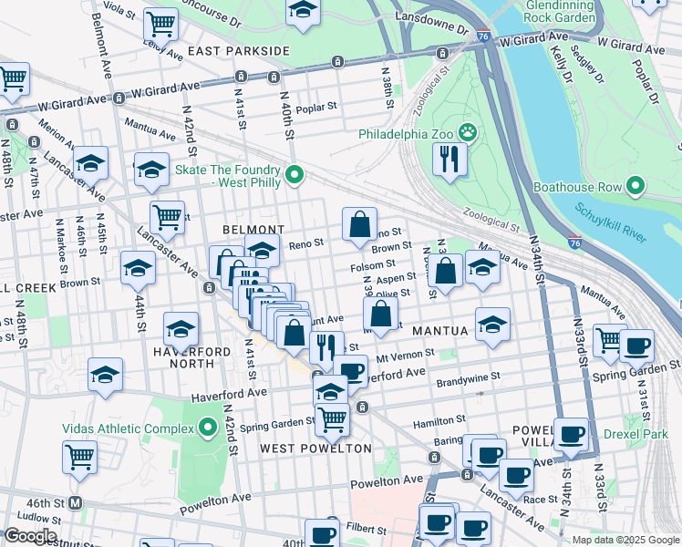 map of restaurants, bars, coffee shops, grocery stores, and more near 3942 Folsom Street in Philadelphia