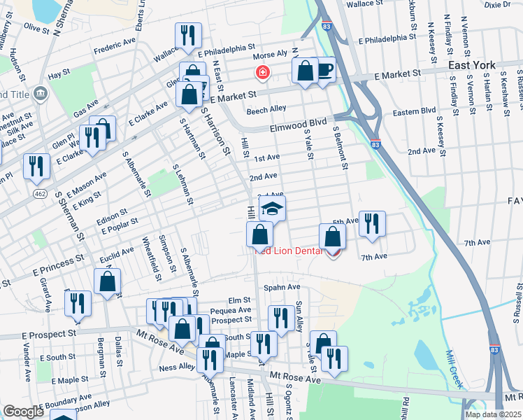 map of restaurants, bars, coffee shops, grocery stores, and more near 1417 4th Avenue in York