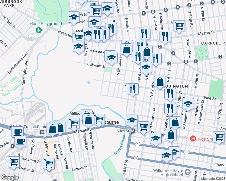 map of restaurants, bars, coffee shops, grocery stores, and more near 228 North Simpson Street in Philadelphia