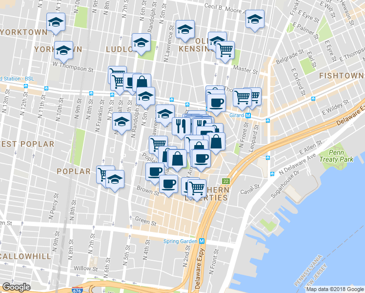 map of restaurants, bars, coffee shops, grocery stores, and more near 1011 North 3rd Street in Philadelphia