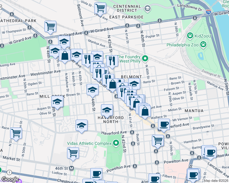 map of restaurants, bars, coffee shops, grocery stores, and more near 4211 Lancaster Avenue in Philadelphia