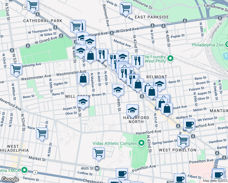map of restaurants, bars, coffee shops, grocery stores, and more near 4400-04 Parrish Street in Philadelphia