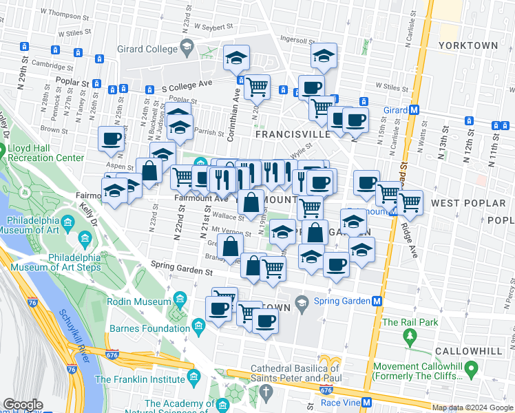 map of restaurants, bars, coffee shops, grocery stores, and more near in Philadelphia