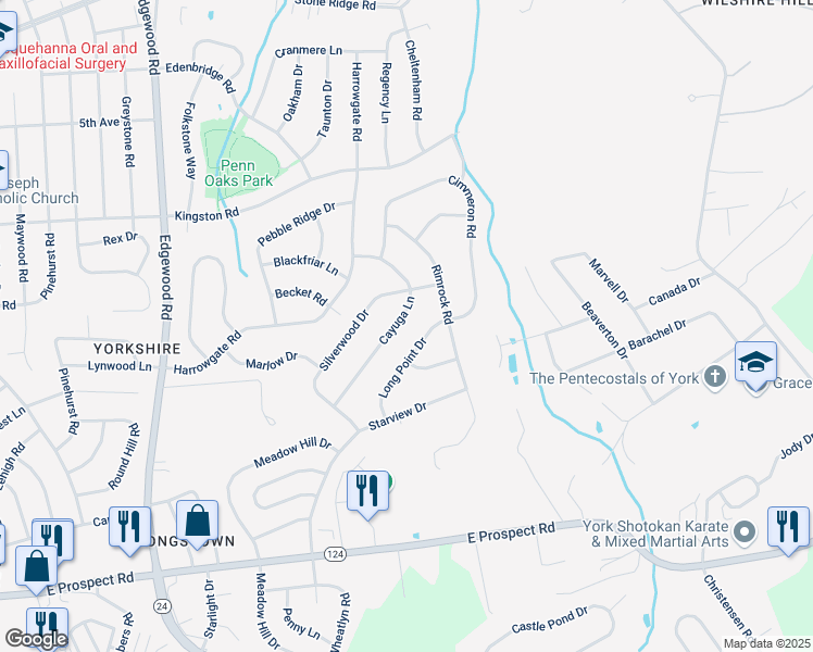 map of restaurants, bars, coffee shops, grocery stores, and more near 3723 Cayuga Lane in York