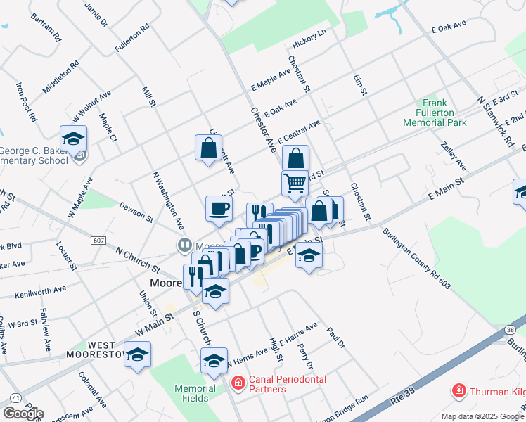 map of restaurants, bars, coffee shops, grocery stores, and more near 301 Lippincott Avenue in Moorestown