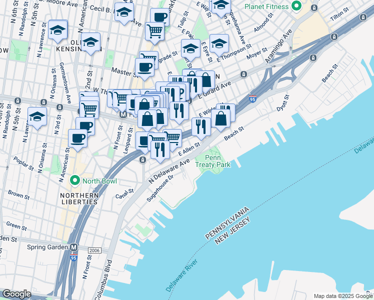 map of restaurants, bars, coffee shops, grocery stores, and more near 300 Richmond Street in Philadelphia