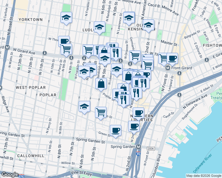 map of restaurants, bars, coffee shops, grocery stores, and more near 980 North Lawrence Street in Philadelphia