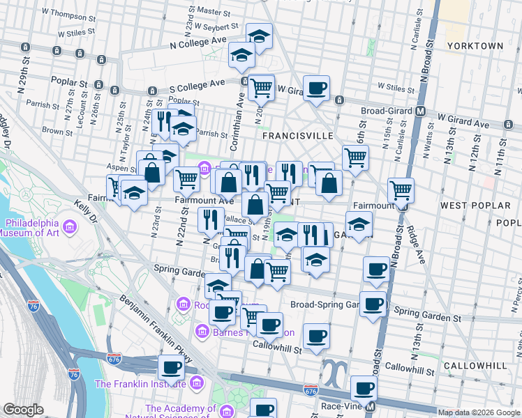 map of restaurants, bars, coffee shops, grocery stores, and more near in Philadelphia