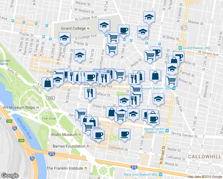 map of restaurants, bars, coffee shops, grocery stores, and more near in Philadelphia