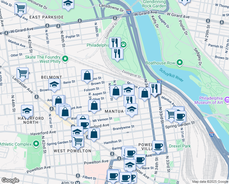 map of restaurants, bars, coffee shops, grocery stores, and more near 763 North 37th Street in Philadelphia