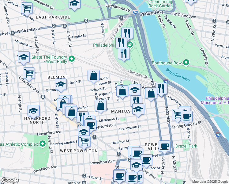 map of restaurants, bars, coffee shops, grocery stores, and more near 773 North 38th Street in Philadelphia