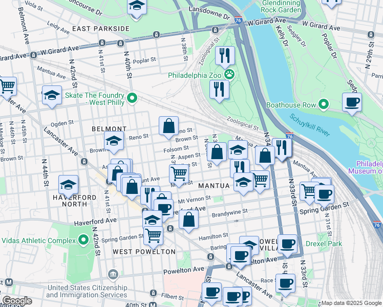 map of restaurants, bars, coffee shops, grocery stores, and more near 773 North 38th Street in Philadelphia