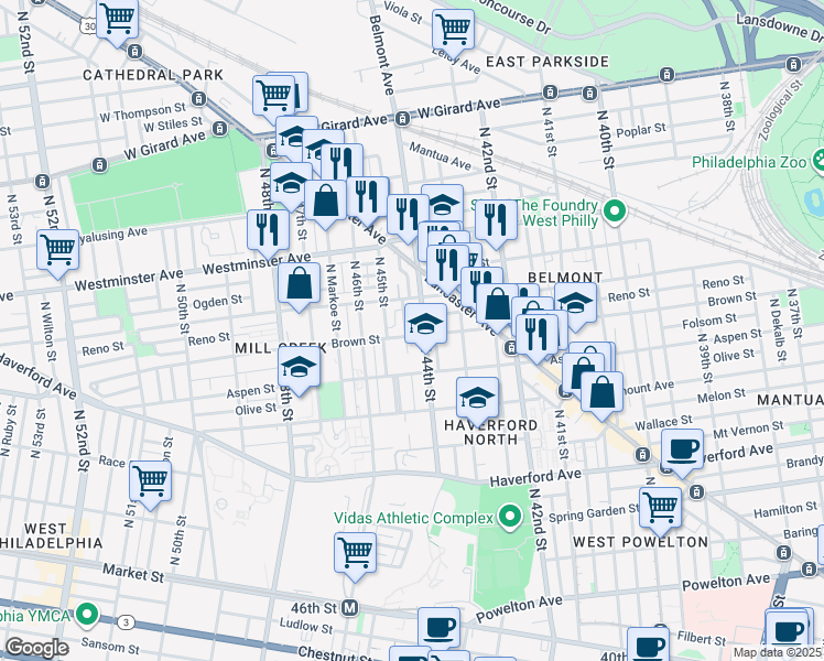 map of restaurants, bars, coffee shops, grocery stores, and more near 4400-04 Parrish Street in Philadelphia