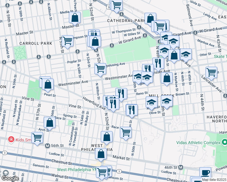 map of restaurants, bars, coffee shops, grocery stores, and more near 868-76 North 51st Street in Philadelphia