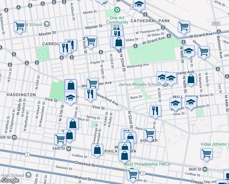 map of restaurants, bars, coffee shops, grocery stores, and more near 437 North 53rd Street in Philadelphia