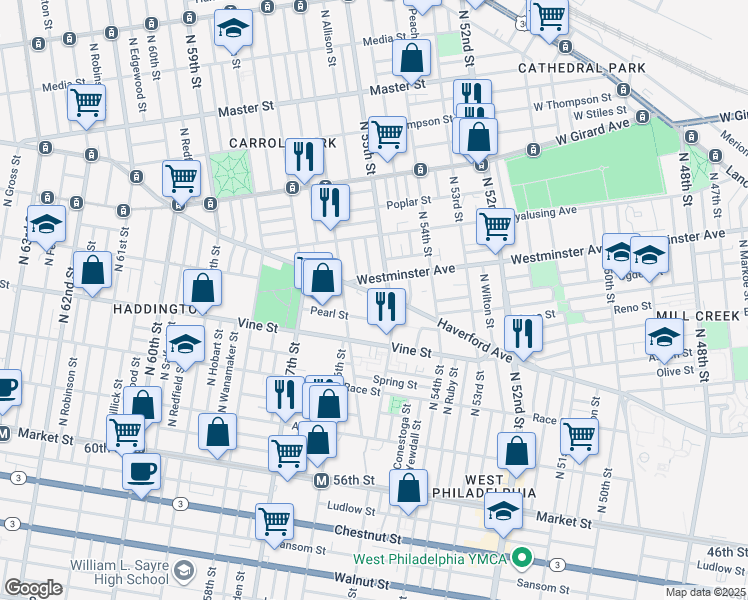 map of restaurants, bars, coffee shops, grocery stores, and more near 5526 Westminster Avenue in Philadelphia