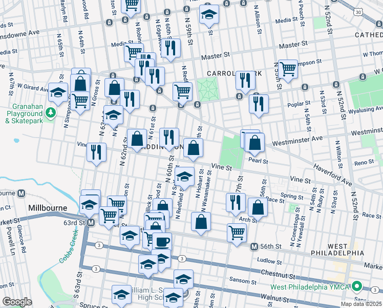 map of restaurants, bars, coffee shops, grocery stores, and more near 346 North Redfield Street in Philadelphia