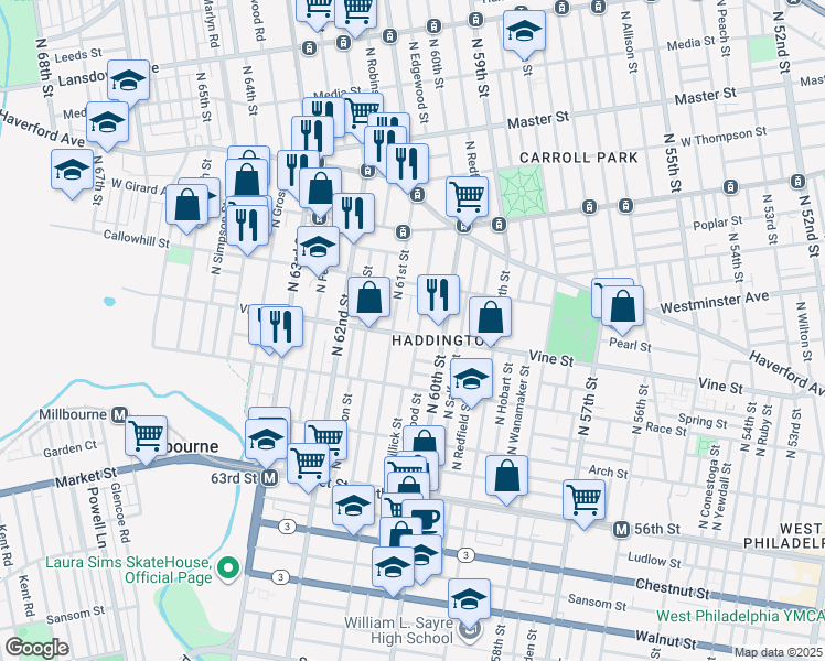 map of restaurants, bars, coffee shops, grocery stores, and more near 323 North 61st Street in Philadelphia