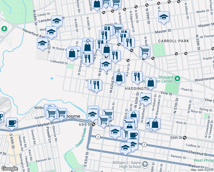 map of restaurants, bars, coffee shops, grocery stores, and more near 315 North Felton Street in Philadelphia
