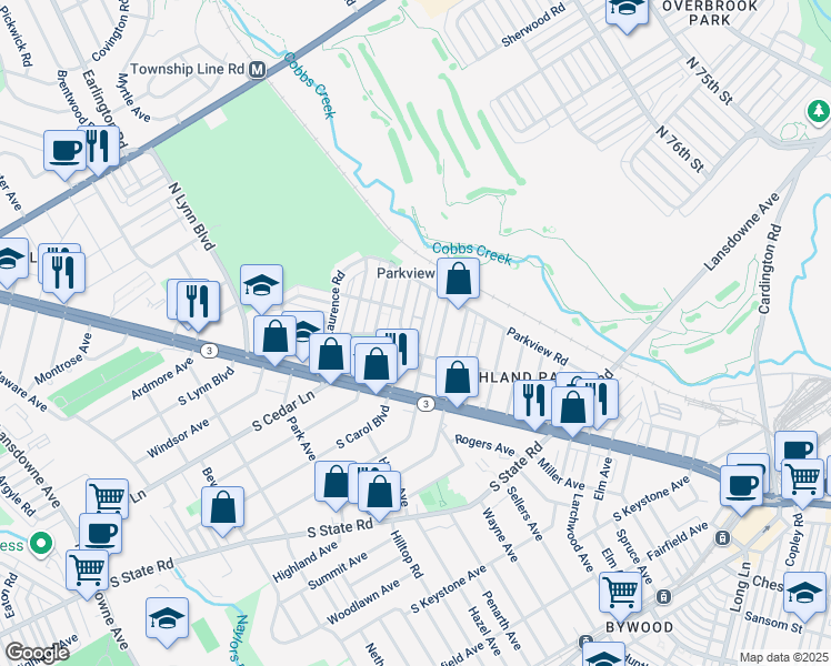 map of restaurants, bars, coffee shops, grocery stores, and more near 141 North Carol Boulevard in Delaware County