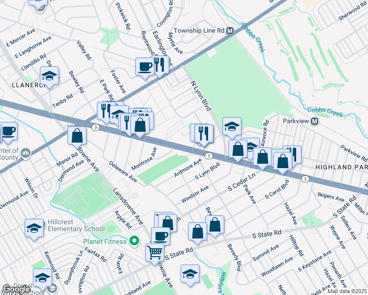 map of restaurants, bars, coffee shops, grocery stores, and more near 14 Cloverdale Avenue in Delaware County