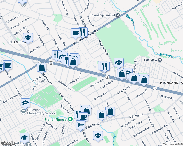 map of restaurants, bars, coffee shops, grocery stores, and more near 8699 West Chester Pike in Delaware County