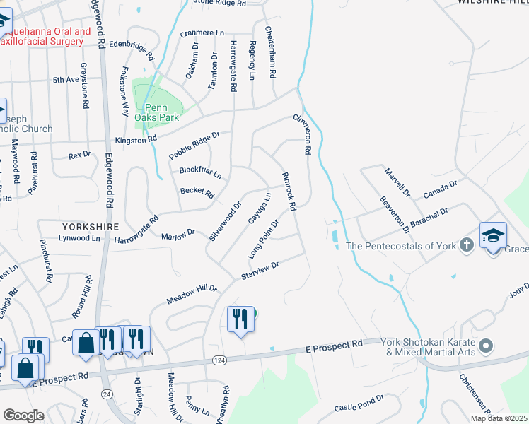 map of restaurants, bars, coffee shops, grocery stores, and more near 3723 Cayuga Lane in York