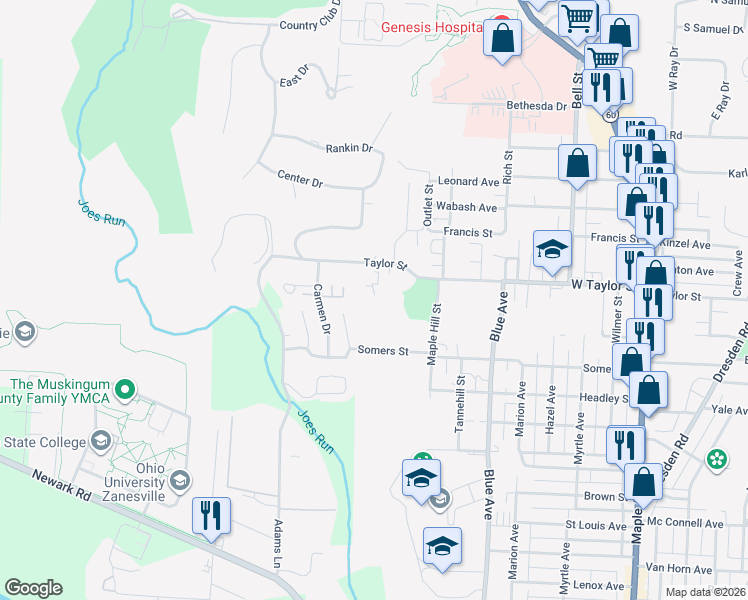 map of restaurants, bars, coffee shops, grocery stores, and more near 1132 Taylor Street in Zanesville