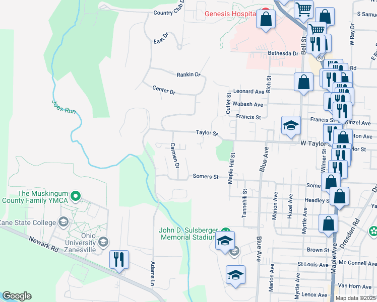 map of restaurants, bars, coffee shops, grocery stores, and more near 1184 Robin Court in Zanesville