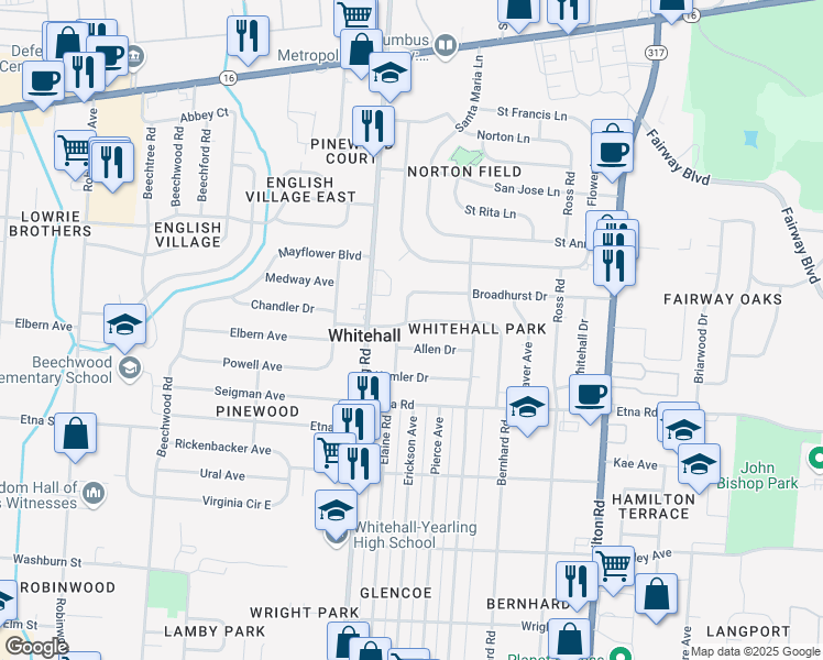 map of restaurants, bars, coffee shops, grocery stores, and more near 4350 Broadhurst Drive in Columbus