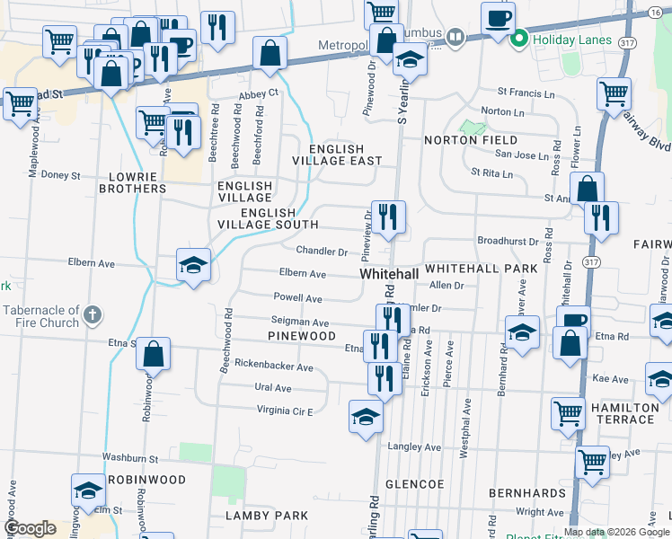 map of restaurants, bars, coffee shops, grocery stores, and more near 4173 Chandler Drive in Columbus