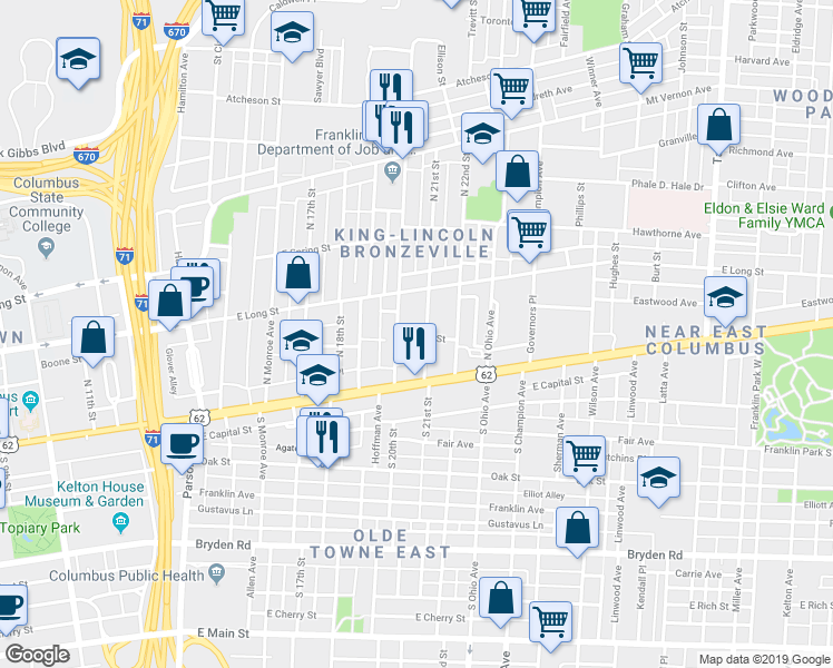 map of restaurants, bars, coffee shops, grocery stores, and more near 94 North 21st Street in Columbus